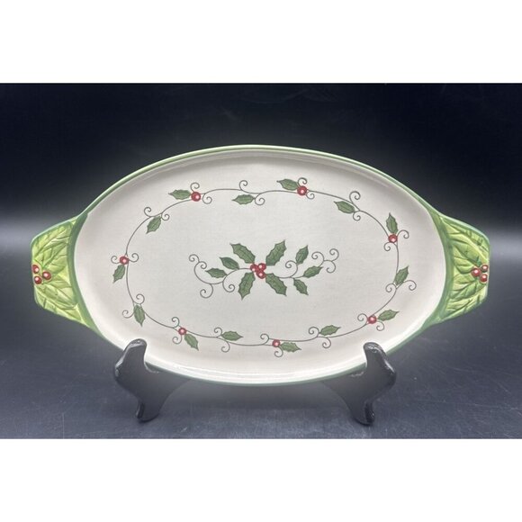 Temptations Tara Cardinal Ceramic Oval Serving Platter 13” Green Holly Christmas - Picture 1 of 6